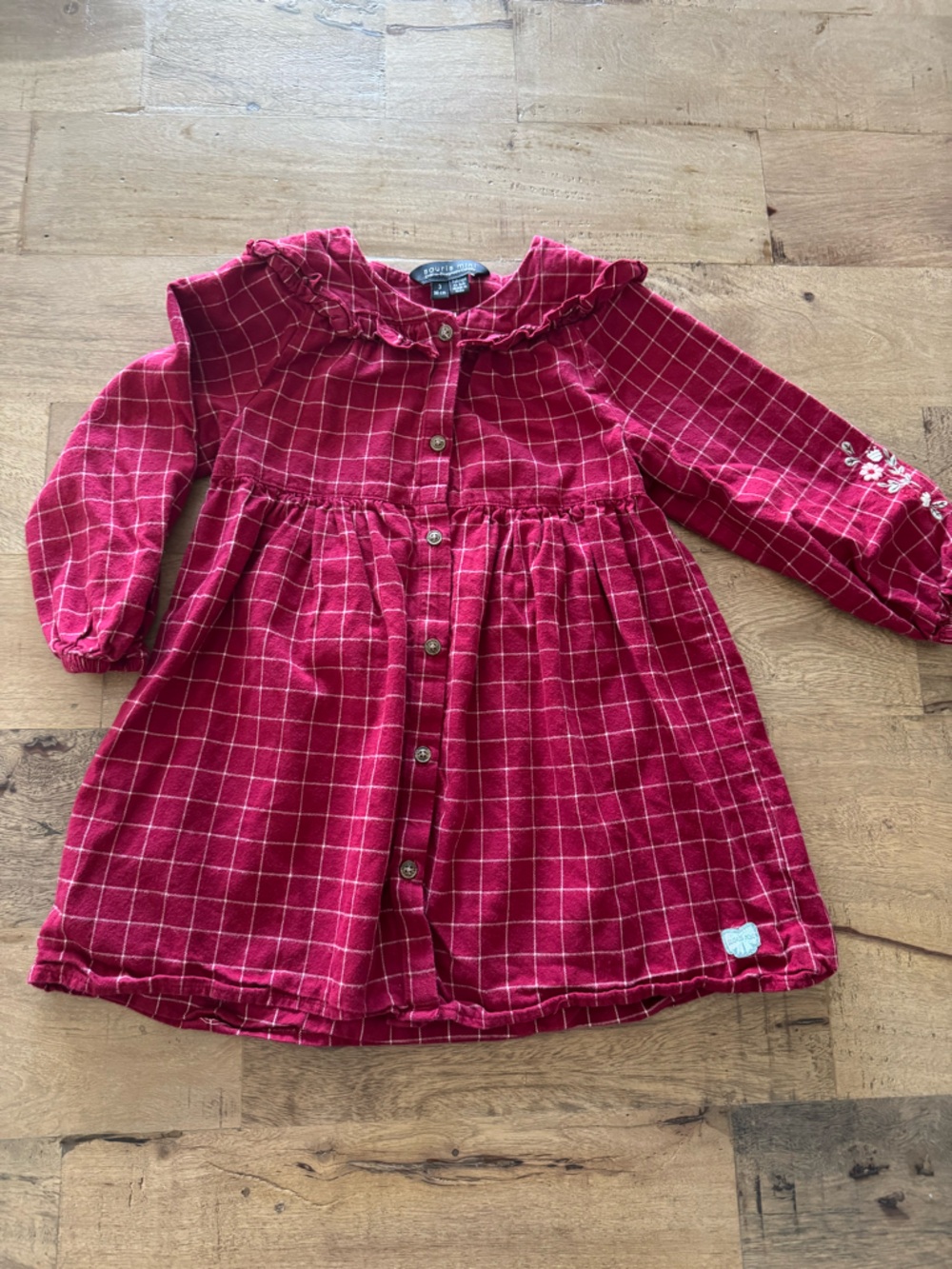 Souris Mini Windowpane Dress buttons Ruffle Collar embroidered floral size 3
